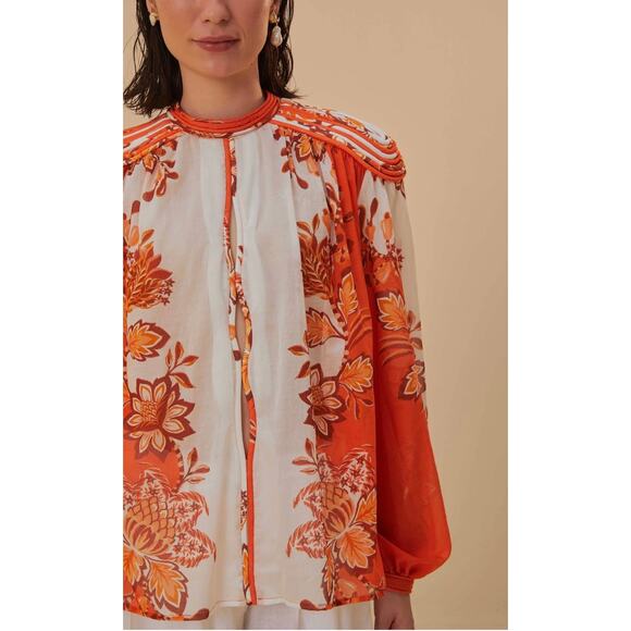 FARM Rio Tops - Farm Rio Aura Piping Trim Floral Print Blouse in Floral Orange Print, NWT Size M